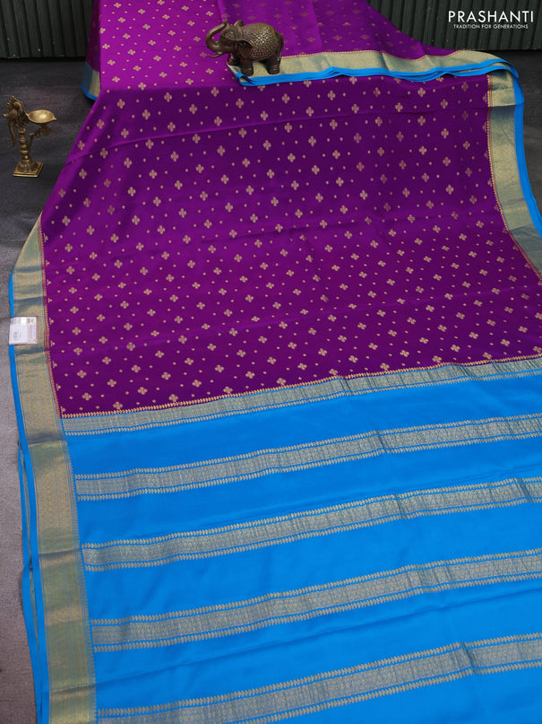 Pure mysore silk sareee purple and cs blue with allover zari woven buttas and zari woven border