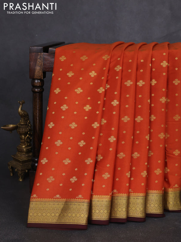 Pure mysore silk sareee rust shade and coffee brown with allover zari woven buttas and zari woven border