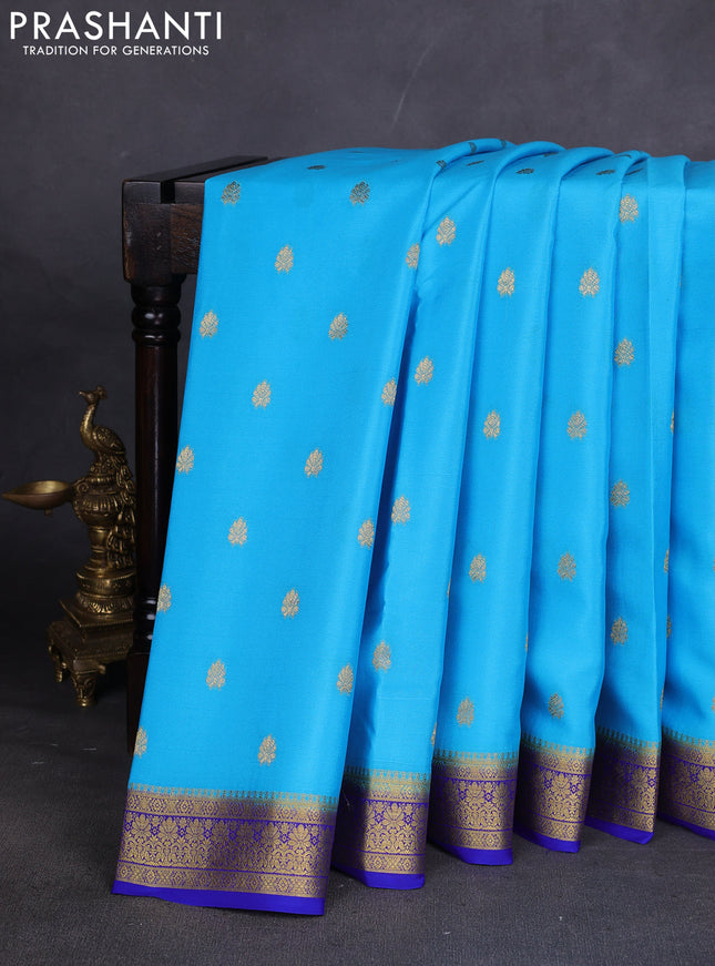 Pure mysore silk sareee light blue and royal blue with allover zari woven buttas and zari woven border