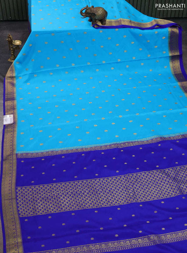 Pure mysore silk sareee light blue and royal blue with allover zari woven buttas and zari woven border