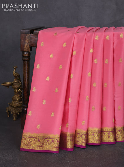 Pure mysore silk sareee peach pink and purple with allover zari woven buttas and zari woven border