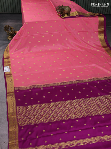 Pure mysore silk sareee peach pink and purple with allover zari woven buttas and zari woven border
