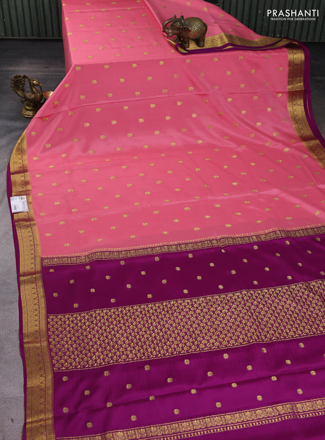 Pure mysore silk sareee peach pink and purple with allover zari woven buttas and zari woven border