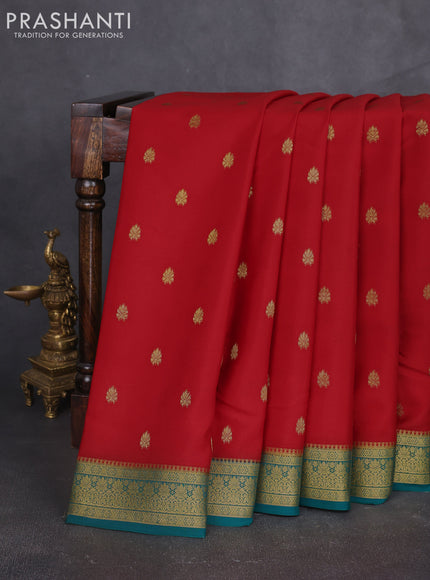 Pure mysore silk sareee red and teal green with allover zari woven buttas and zari woven border