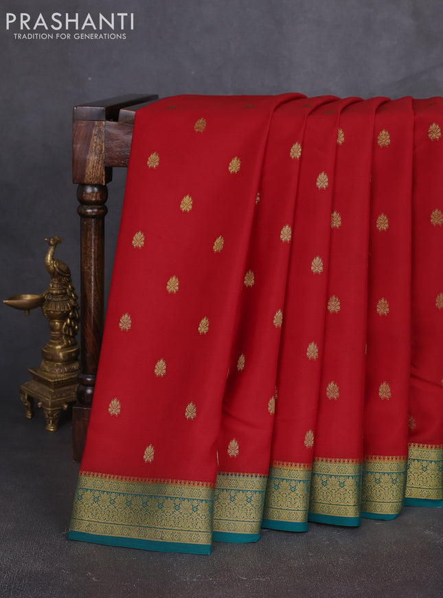 Pure mysore silk sareee red and teal green with allover zari woven buttas and zari woven border