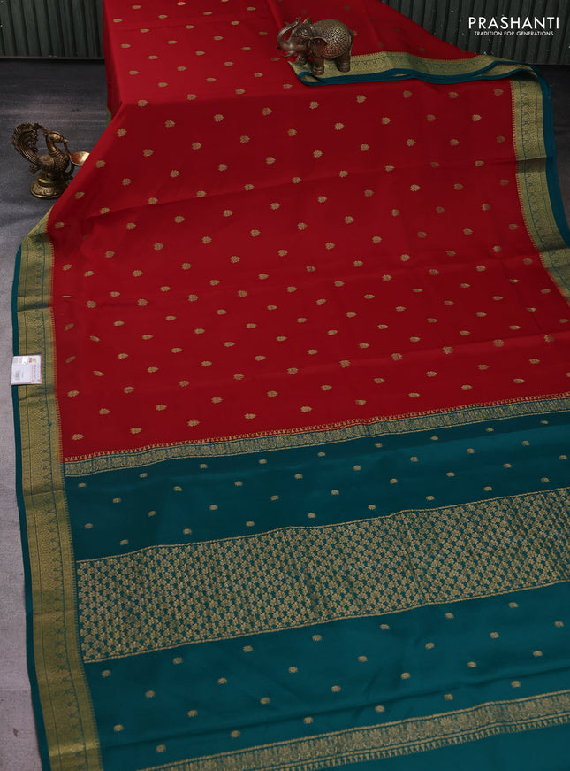 Pure mysore silk sareee red and teal green with allover zari woven buttas and zari woven border