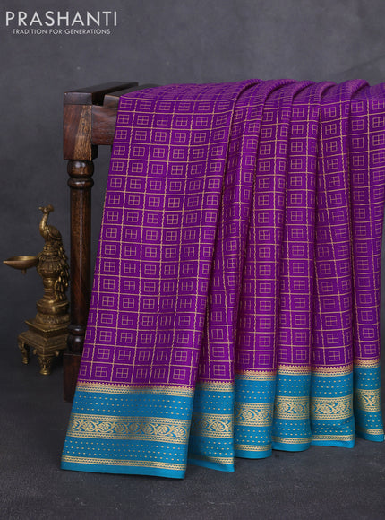 Pure mysore silk sareee purple and teal green with allover zari woven geometric weaves and zari woven border