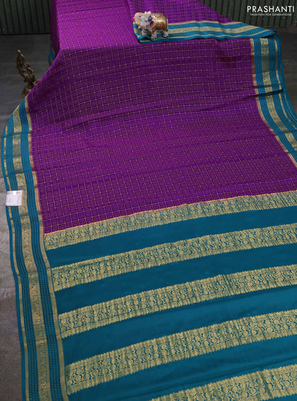 Pure mysore silk sareee purple and teal green with allover zari woven geometric weaves and zari woven border
