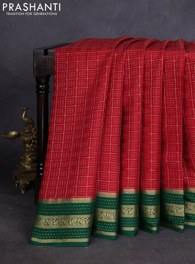 Pure mysore silk sareee red and green with allover zari woven geometric weaves and zari woven border