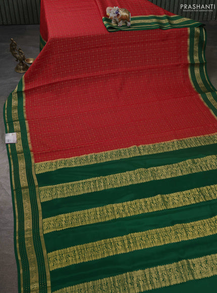 Pure mysore silk sareee red and green with allover zari woven geometric weaves and zari woven border