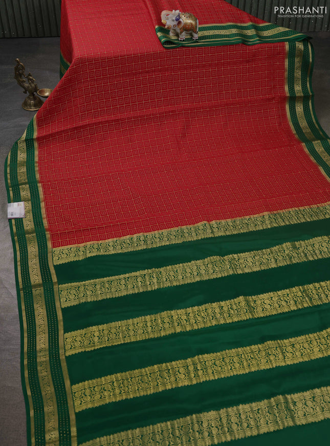 Pure mysore silk sareee red and green with allover zari woven geometric weaves and zari woven border