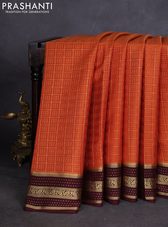 Pure mysore silk sareee rustic orange and coffee brown with allover zari woven geometric weaves and zari woven border