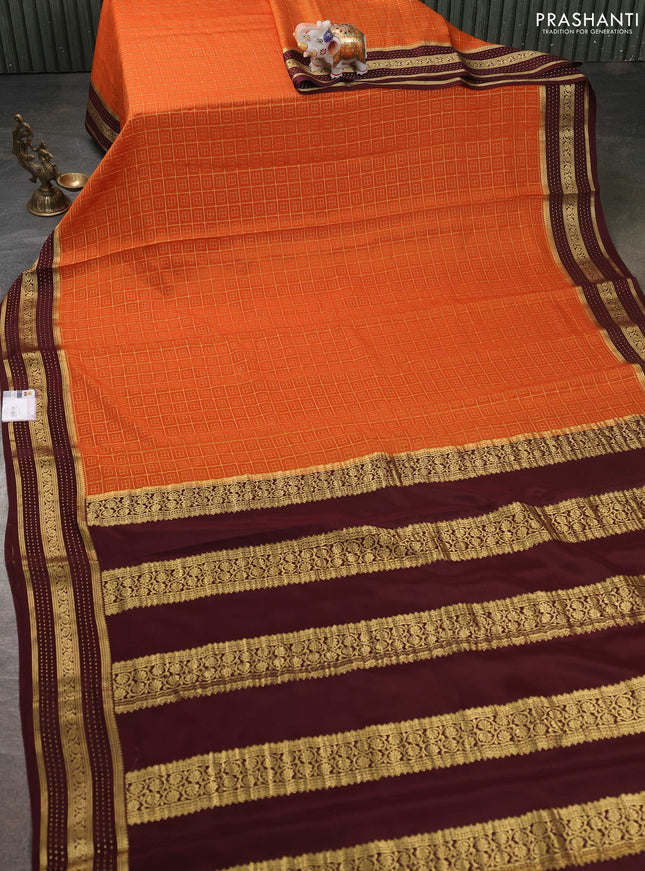 Pure mysore silk sareee rustic orange and coffee brown with allover zari woven geometric weaves and zari woven border