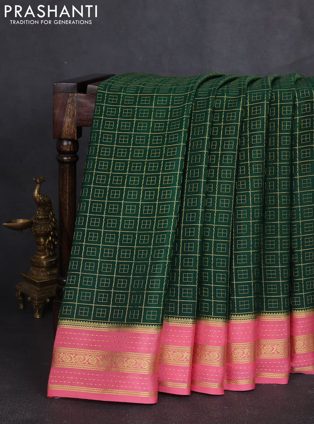 Pure mysore silk sareee bottle green and peach pink with allover zari woven geometric weaves and zari woven border