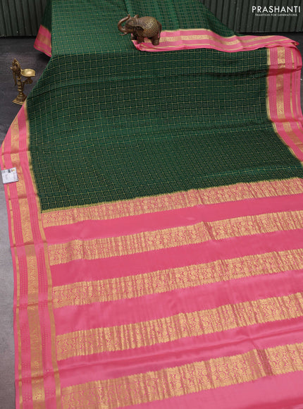 Pure mysore silk sareee bottle green and peach pink with allover zari woven geometric weaves and zari woven border