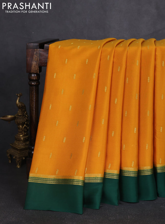 Pure mysore silk sareee mustard yellow and green with zari woven buttas and zari woven simple border