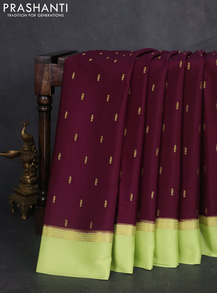 Pure mysore silk sareee wine shade and pista green with zari woven buttas and zari woven simple border