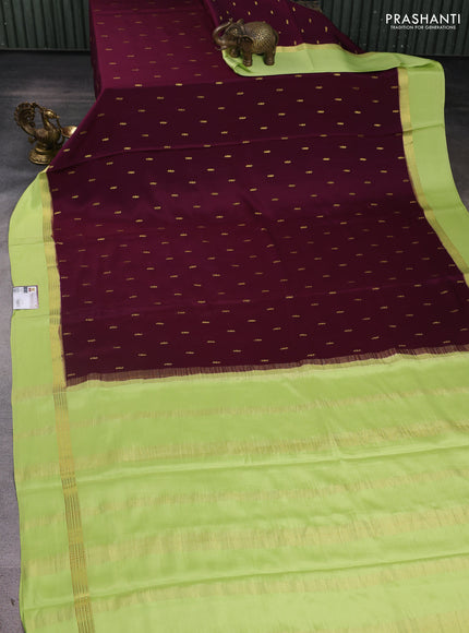 Pure mysore silk sareee wine shade and pista green with zari woven buttas and zari woven simple border