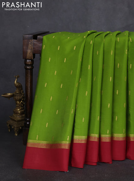 Pure mysore silk sareee mehendi green and red with zari woven buttas and zari woven simple border