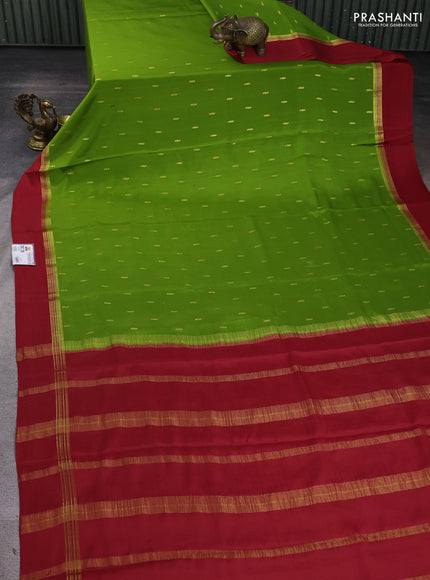 Pure mysore silk sareee mehendi green and red with zari woven buttas and zari woven simple border