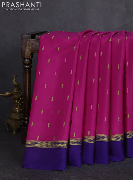 Pure mysore silk sareee magenta pink and dark blue with zari woven buttas and zari woven simple border