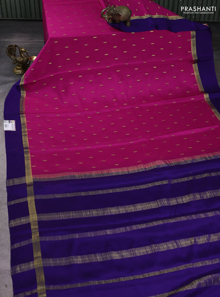 Pure mysore silk sareee magenta pink and dark blue with zari woven buttas and zari woven simple border