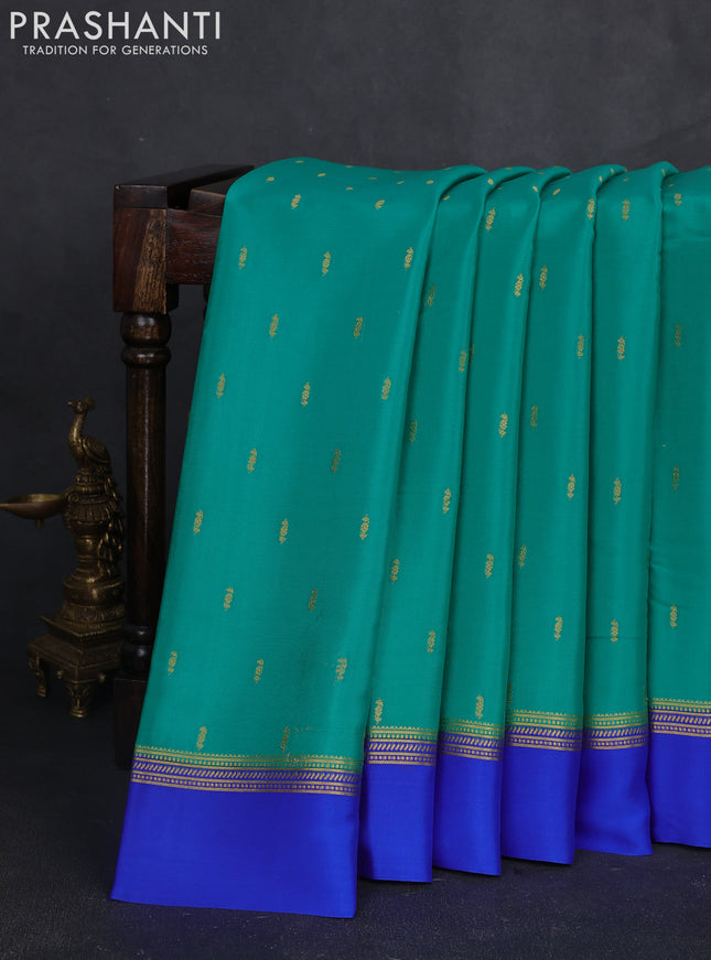 Pure mysore silk sareee teal green and royal blue with zari woven buttas and zari woven simple border