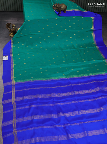 Pure mysore silk sareee teal green and royal blue with zari woven buttas and zari woven simple border