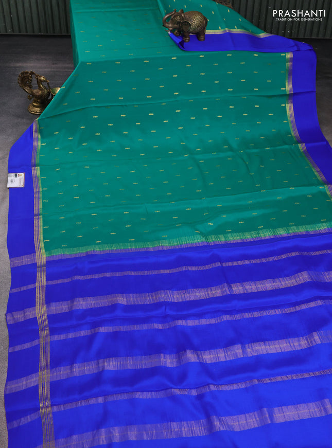 Pure mysore silk sareee teal green and royal blue with zari woven buttas and zari woven simple border