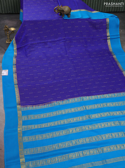 Pure mysore silk sareee blue and cs blue with allover zari weaves and zari woven simple border