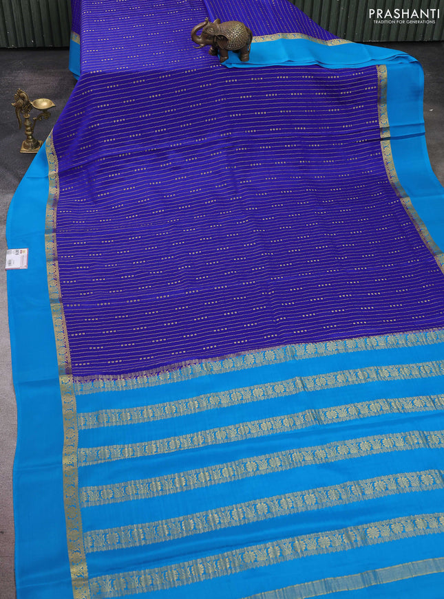 Pure mysore silk sareee blue and cs blue with allover zari weaves and zari woven simple border