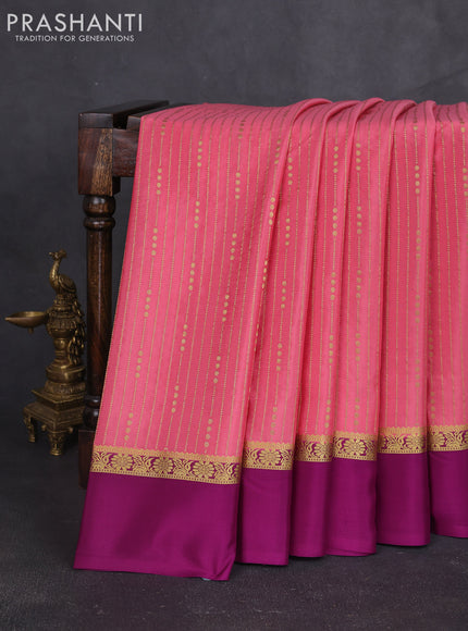 Pure mysore silk sareee peach pink and purple with allover zari weaves and zari woven simple border