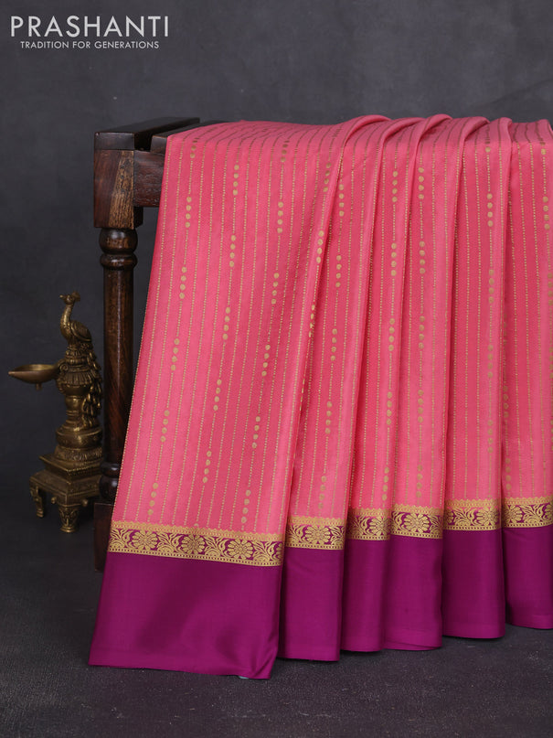 Pure mysore silk sareee peach pink and purple with allover zari weaves and zari woven simple border