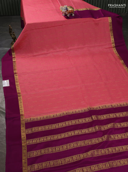 Pure mysore silk sareee peach pink and purple with allover zari weaves and zari woven simple border