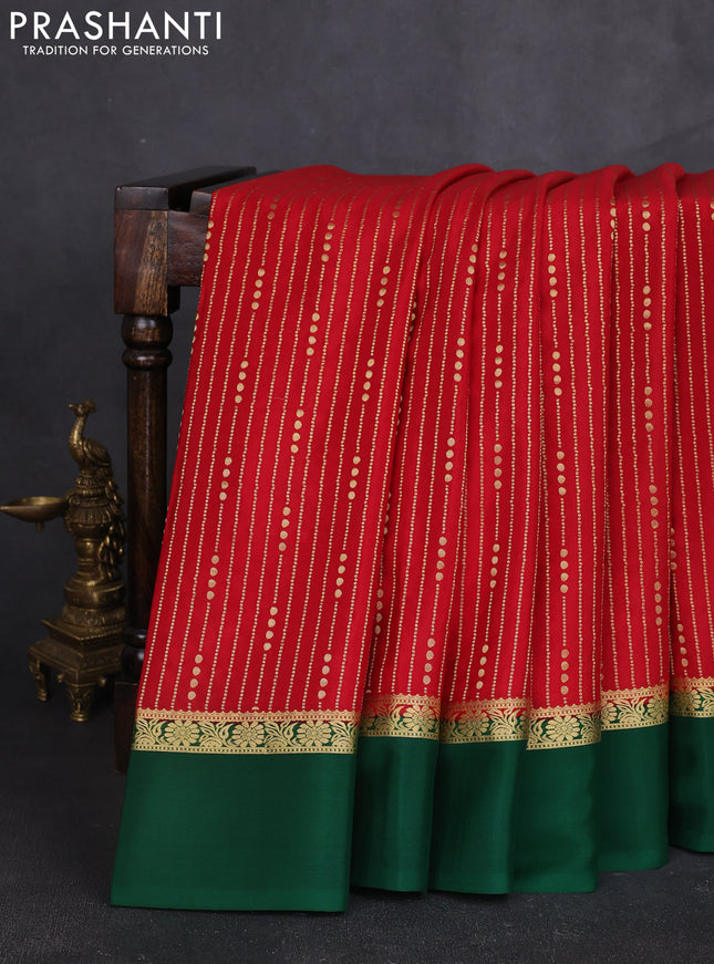 Pure mysore silk sareee red and green with allover zari weaves and zari woven simple border