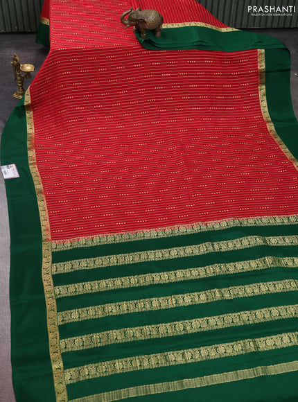 Pure mysore silk sareee red and green with allover zari weaves and zari woven simple border