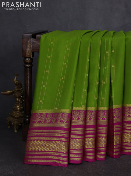 Pure mysore silk sareee mehendi green and pink with allover zari weaves and long zari woven border