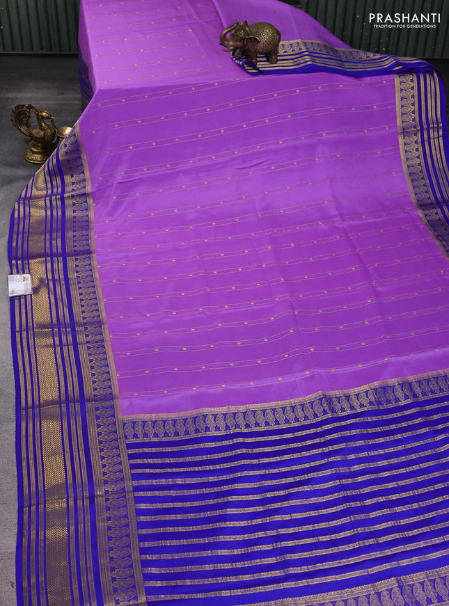 Pure mysore silk sareee lavender and blue with allover zari weaves and long zari woven border