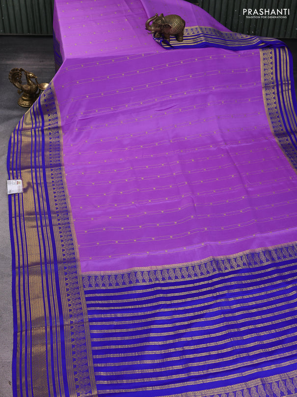 Pure mysore silk sareee lavender and blue with allover zari weaves and long zari woven border