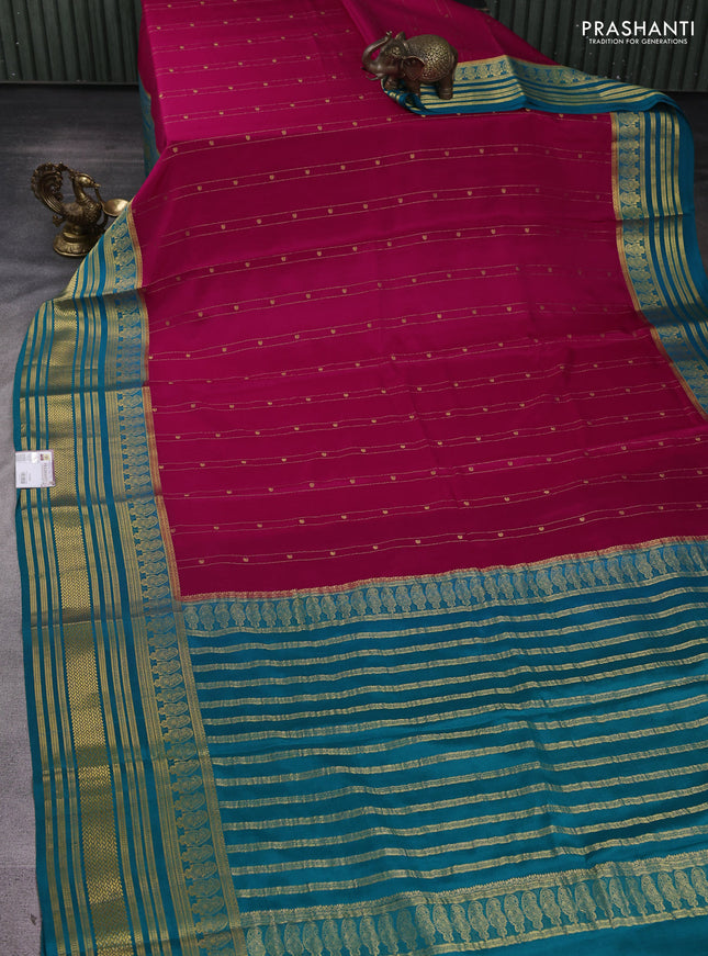 Pure mysore silk sareee pink and teal green with allover zari weaves and long zari woven border