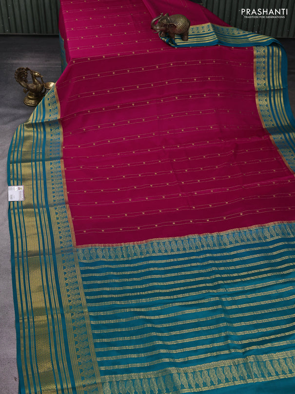 Pure mysore silk sareee pink and teal green with allover zari weaves and long zari woven border