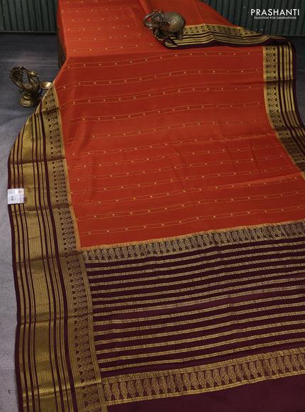 Pure mysore silk sareee rust shade and coffee brown with allover zari weaves and long zari woven border