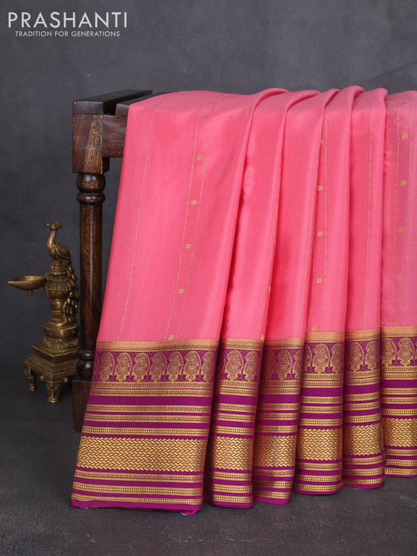 Pure mysore silk sareee peach pink and purple with allover zari weaves and long zari woven border