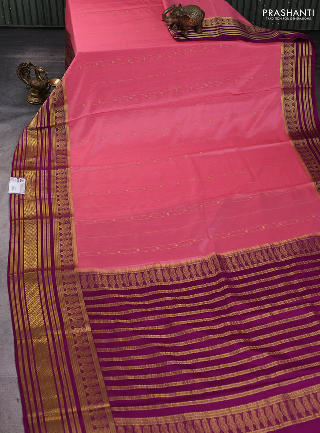 Pure mysore silk sareee peach pink and purple with allover zari weaves and long zari woven border