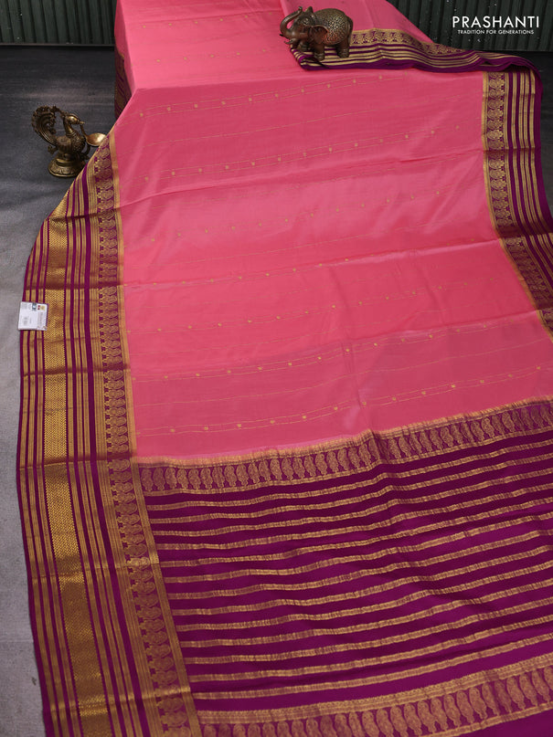Pure mysore silk sareee peach pink and purple with allover zari weaves and long zari woven border