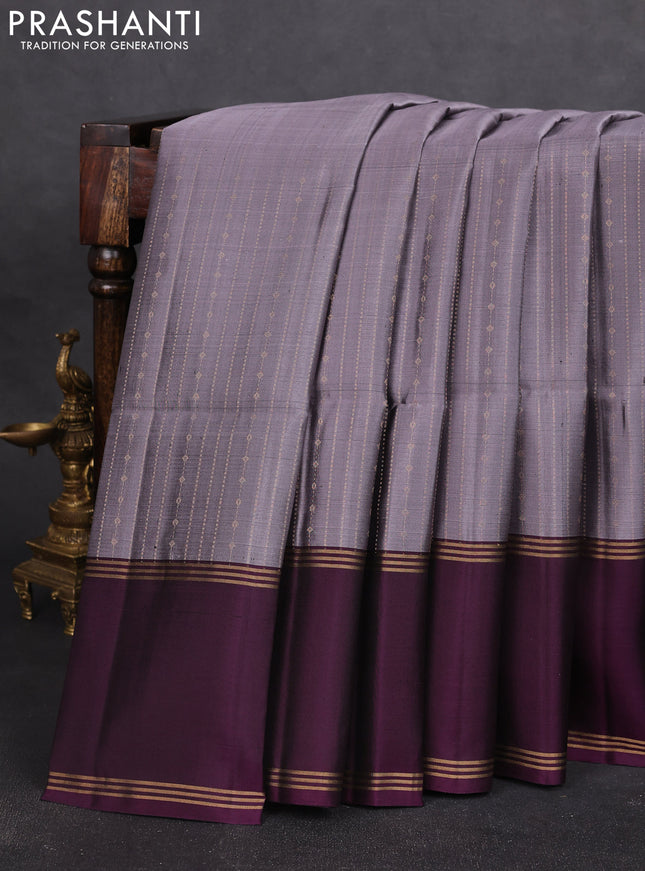 Pure soft silk saree grey and purple with allover zari stripe & buttas and long rettapet zari woven border