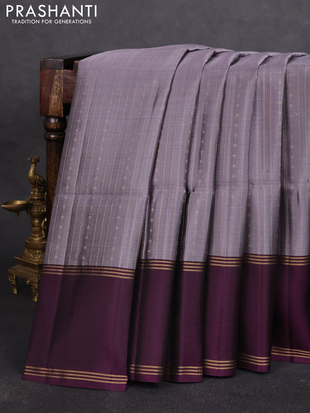 Pure soft silk saree grey and purple with allover zari stripe & buttas and long rettapet zari woven border