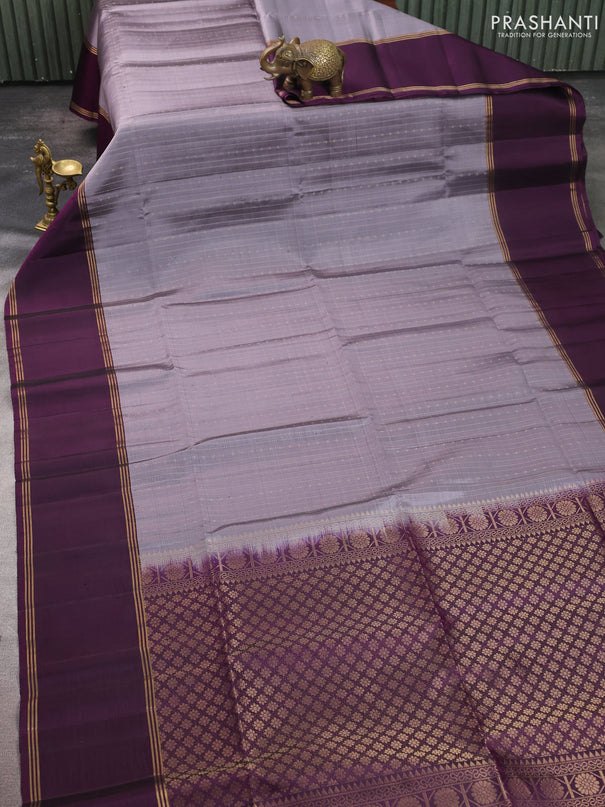 Pure soft silk saree grey and purple with allover zari stripe & buttas and long rettapet zari woven border