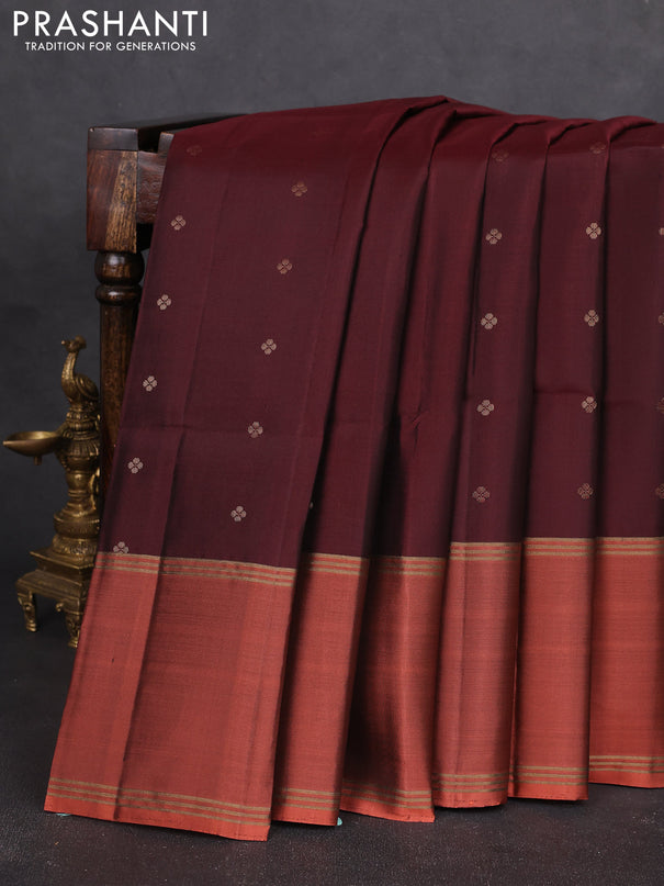 Pure soft silk saree coffee brown and peach shade with allover zari woven buttas and long rettapet zari woven border