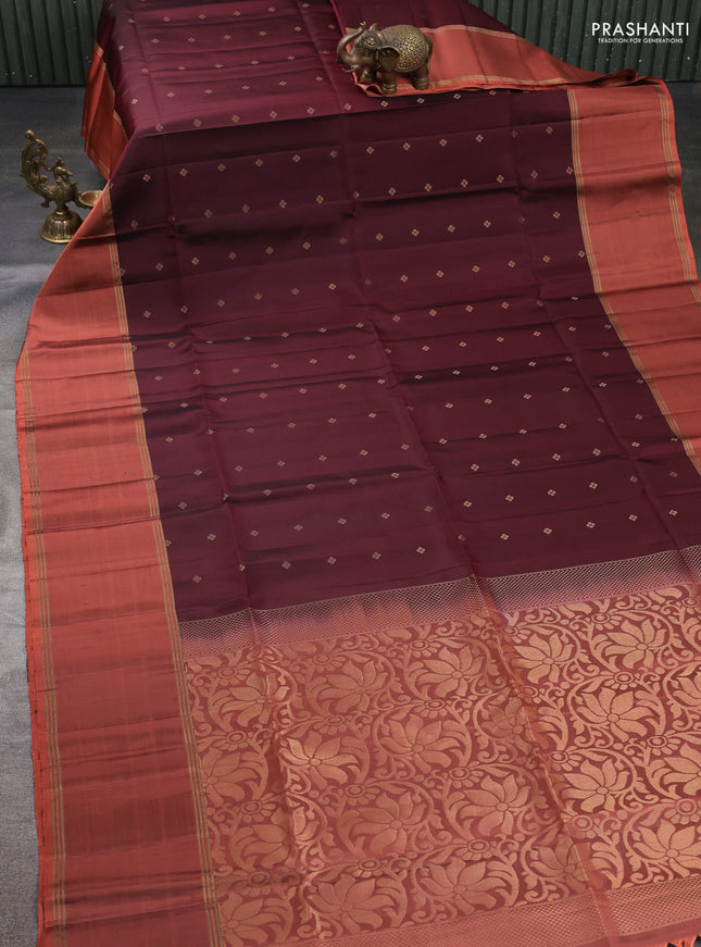 Pure soft silk saree coffee brown and peach shade with allover zari woven buttas and long rettapet zari woven border